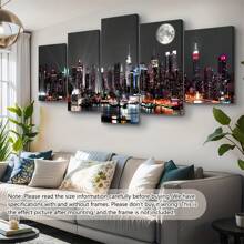 5pcs/Set Solid Wood Interior Frame Frame Wall Art City Building Color Light Print Painting Modern Art Living Room Bedroom Dining Room Home Office Decorative Painting ,Posters,Wall Art,Room Decoration Stuff,Canvas Gifts Birthday Graduation