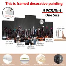 5pcs/Set Solid Wood Interior Frame Frame Wall Art City Building Color Light Print Painting Modern Art Living Room Bedroom Dining Room Home Office Decorative Painting ,Posters,Wall Art,Room Decoration Stuff,Canvas Gifts Birthday Graduation