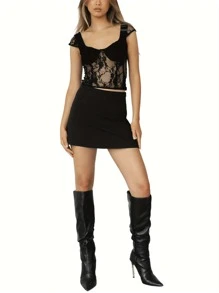 Women's Sheer Lace Crop Tops, Short Sleeve Sweetheart Neck Solid Color Corset T-Shirts - 黑色 - 查看 6