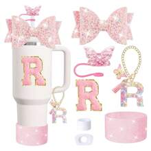 7 件套杯子配件套件，适用于 30 盎司和 40 盎司带手柄的杯子配件杯 - 包括吸管盖、硅胶靴、字母饰物、防溢塞和领结装饰 - 彩色 - 查看 17