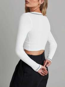 Women Crop Tops Reverse Stitch Buttons Long Sleeve T-Shirts Spring Fall Casual Slim Fit Shirts Streetwear - 白色 - 查看 3