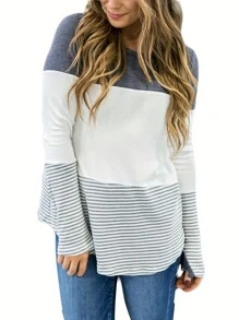 Women's Maternity Striped Nursing Tops Long Sleeve O-Neck Stitching Breastfeeding T-Shirt Casual Blouse