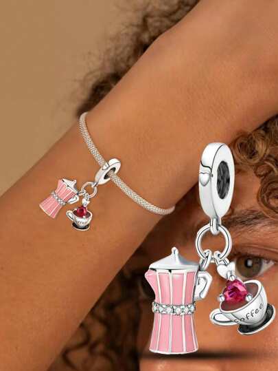 1pc 925 Sterling Silver Pink Coffee Pendant, Suitable For DIY Bracelet And Women Jewelry