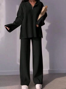 Solid Color Casual Long Sleeve Top And Wide Leg Pants Set - Black - View 2