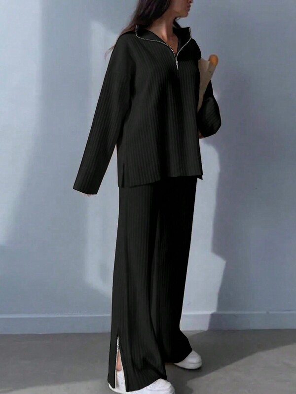 Conjunto de top de manga larga casual de un solo color y pantalones de pierna ancha