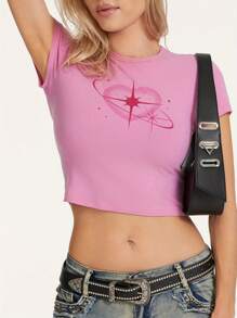 Women T-Shirt Crew Neck Short Sleeve Heart Print Slim Fit Summer Tops For Casual Daily