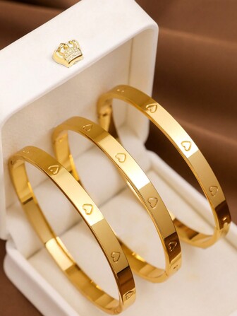 1/2/3 件心形装饰金色女士手链，直径 60 毫米，可打开，镜面抛光，时尚经典款式，适合女性日常佩戴情人节礼物，无盒