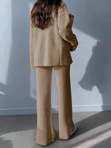 Solid Color Casual Long Sleeve Top And Wide Leg Pants Set - Khaki - View 3