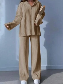 Solid Color Casual Long Sleeve Top And Wide Leg Pants Set - Khaki - View 2