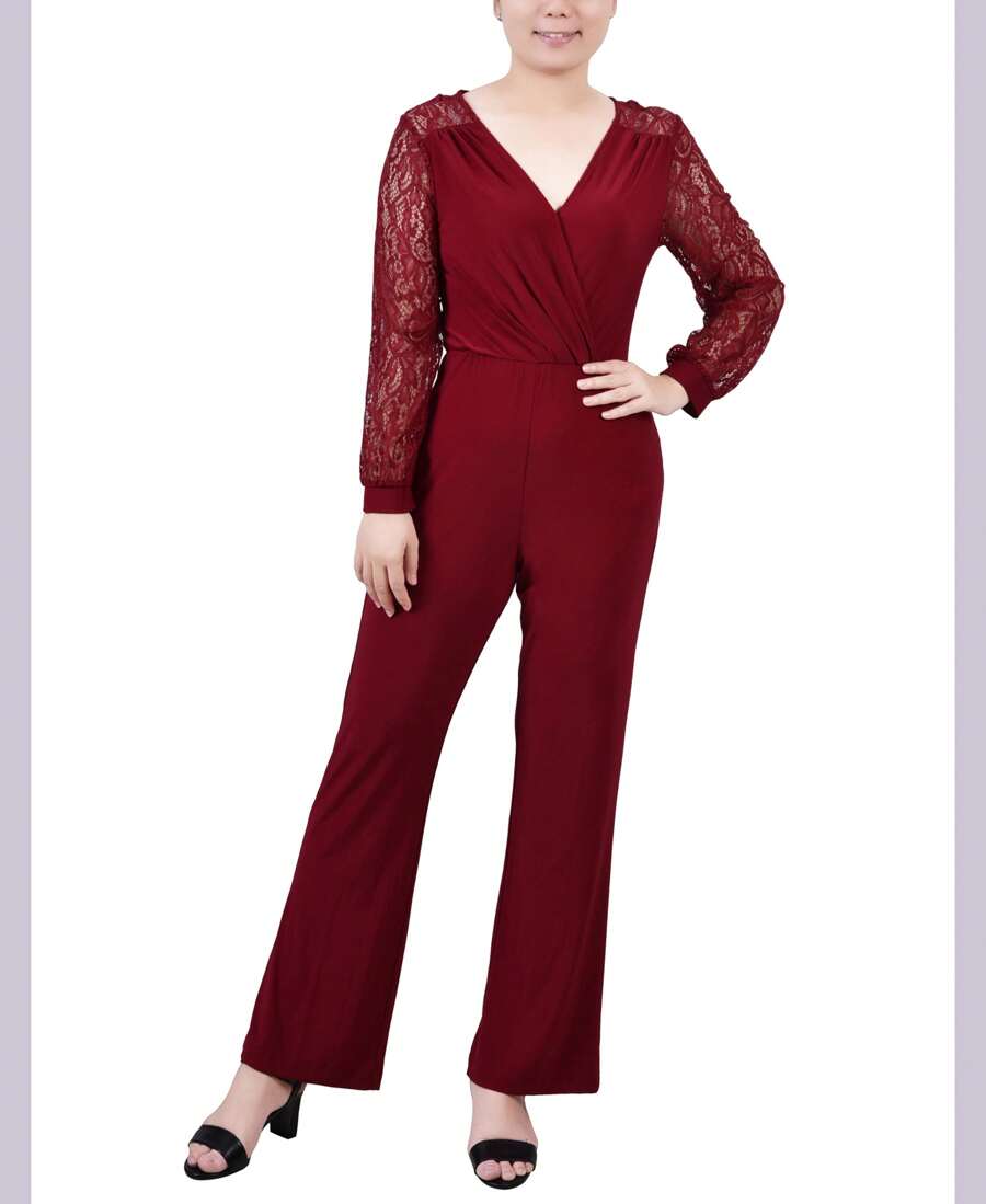 Petite Jumpsuit With Lace Sleeve - 07 Wine - View 1