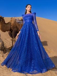 Faeriesty Haute Glamour Elegant Pearl Embellished Sheer Sleeves Sequin Beaded Formal Party Dress & Evening Gowns - Royal Blue - View 2