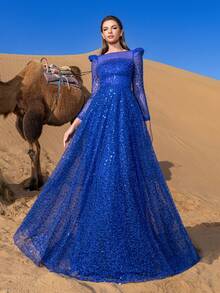 Faeriesty Haute Glamour Elegant Pearl Embellished Sheer Sleeves Sequin Beaded Formal Party Dress & Evening Gowns - Royal Blue - View 7