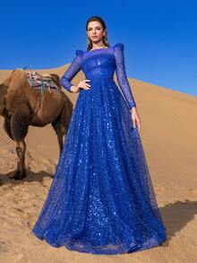 Faeriesty Haute Glamour Elegant Pearl Embellished Sheer Sleeves Sequin Beaded Formal Party Dress & Evening Gowns - Royal Blue - View 4