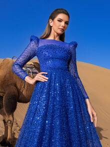 Faeriesty Haute Glamour Elegant Pearl Embellished Sheer Sleeves Sequin Beaded Formal Party Dress & Evening Gowns - Royal Blue - View 8