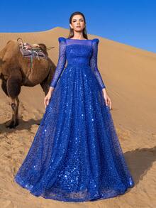 Faeriesty Haute Glamour Elegant Pearl Embellished Sheer Sleeves Sequin Beaded Formal Party Dress & Evening Gowns - Royal Blue - View 5