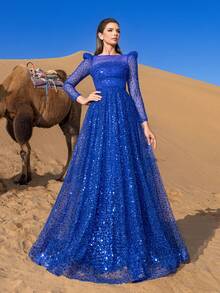 Faeriesty Haute Glamour Elegant Pearl Embellished Sheer Sleeves Sequin Beaded Formal Party Dress & Evening Gowns - Royal Blue - View 6