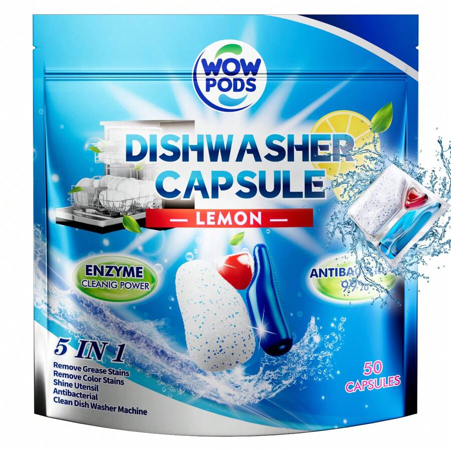 50pods 厨房多功能清洁粉 洗碗机清洁剂 洗碗凝胶 洗碗粉 除臭剂 强力油污去除剂 除垢洗涤剂片 用于厨房清洁 适用于各种场景