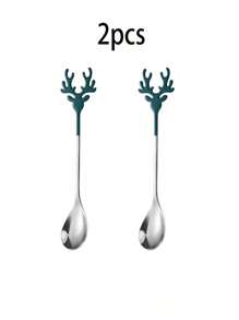 1/2/5 pièces Cuillère à café en acier inoxydable en forme de renne pour Noël, set de couverts créatifs de mélange, cadeau de Noël