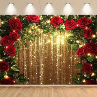1pc,Golden Red Roses And Green Leaves Party Backdrop Photography, Valentine's Day, Wedding Birthday Party Banner Supplies, Home Decor, Room Decor, Wall Decor, Cake Table Supplies, Photo Booth Props Backdrop Cloth.