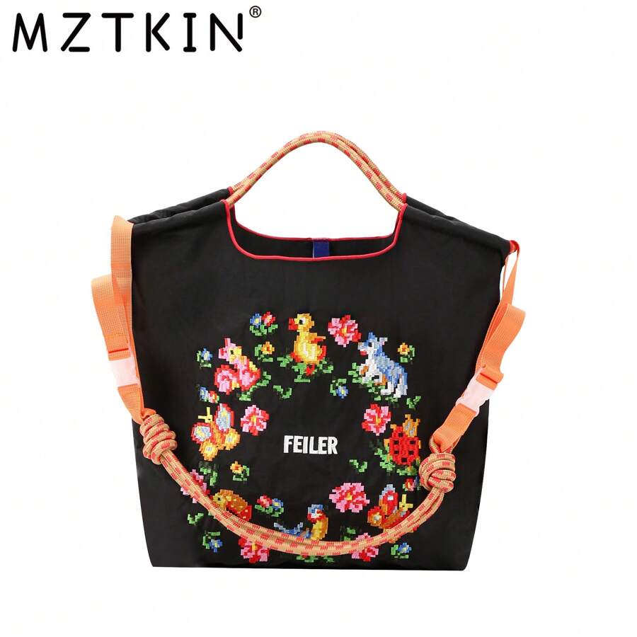 MZTKIN 1 件尼龙单肩包，带有漂亮的动物花环刺绣图案，配有独立口袋和可拆卸肩带，非常适合夏季海滩度假，以及宽敞的购物手提包，适合旅行、派对、通勤等，专为女性设计