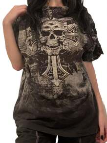 Women Vintage Oversized T Shirts Y2k Fairy Grunge Gothic Crew Neck Short Sleeve Graphic Printed Tees Skull Print Summer Loose Pullover Tops Streetwear Baggy Blouse Harajuku Aesthetic Clothes 2000s - 深灰色 - 查看 1