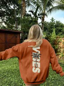 Áo nỉ cổ tròn tay dài họa tiết cây dừa mùa thu đông dành cho nữ, áo kiểu dáng rộng rãi, thoải mái, đa năng cho ngày lễ, trang phục thời trang mùa thu dành cho nữ, thích hợp mặc hàng ngày - trái cam - Xem 5