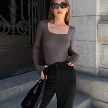 Women's Bodysuits Sexy Ribbed One Piece Square Neck Long Sleeve Bodysuits - trà, cơm - Xem 2