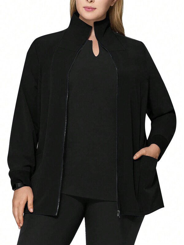 cimmuovere Plus Size Zipper Front Stand Collar Long Sleeve Lab Scrub Uniform, Nurse Scrubs Outerwear For Clinic, Beauty Salon, Dental Office, Veterinary Hospitals With Pockets