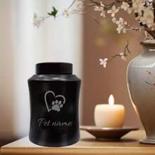 1PC Personalized Stainless Steel Dog Urn With Pet Name Engraved, Airtight Palm & Paw Design, Black Pet Memorial & Funeral Ashes Container