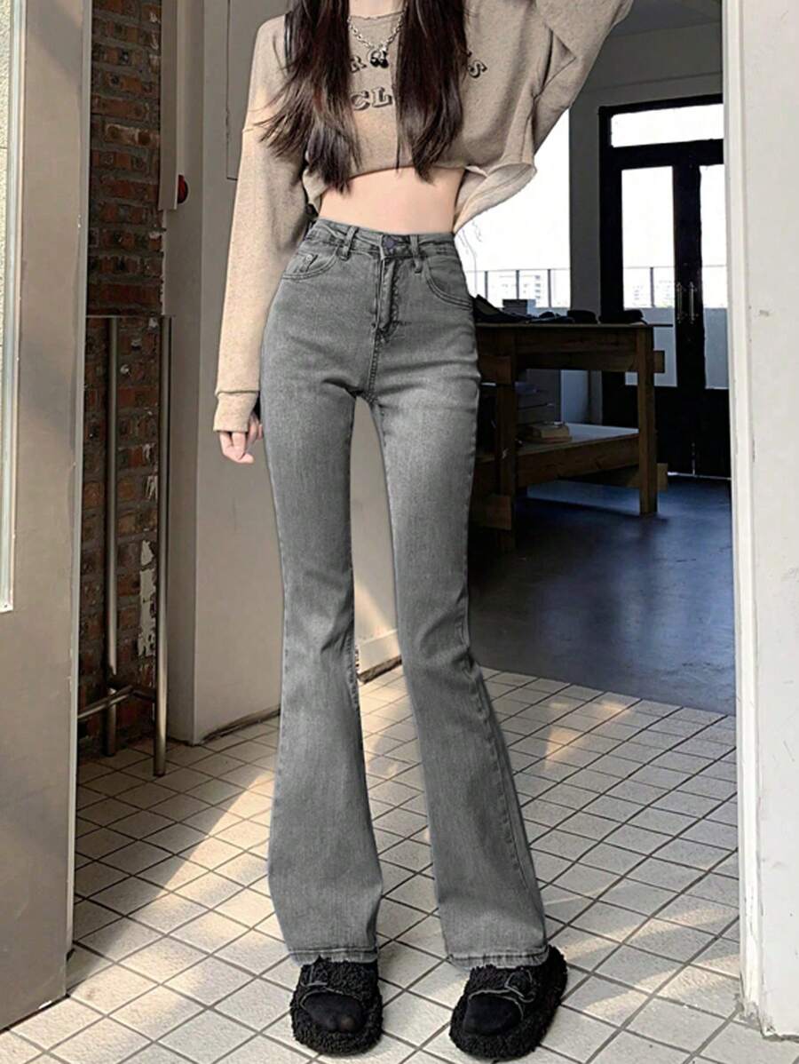 全新女式修身高腰喇叭牛仔裤 - 灰色 - 查看 1