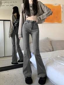 全新女式修身高腰喇叭牛仔裤 - 灰色 - 查看 7