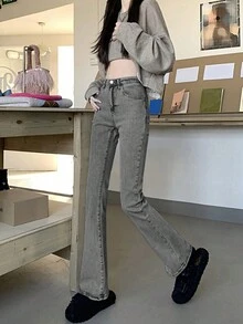 全新女式修身高腰喇叭牛仔裤 - 灰色 - 查看 2