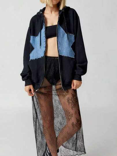 Women's Zip Up Hoodies Long Sleeve Denim Star Embroidery Oversized Sweatshirts Jackets Streetwear Tops