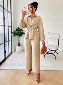 AIJ Amarilo 女士夏季休闲简约日常翻领扭结收腰衬衫休闲裤套装两件套，适合居家、通勤 - 卡其色 - 查看 5