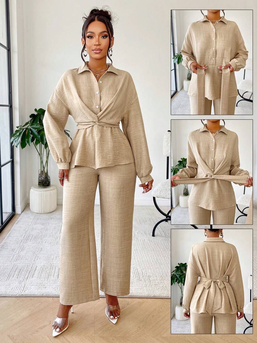 AIJ Amarilo Women's Elegant Lapel Twist Front Tie Back Waist Cinching Shirt & Wide Leg Pants Two Pieces Set – Perfect For Summer Casual, Minimalist Daily, Home Wear, Commuting & Office Wear - Khaki - View 1