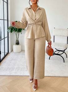 AIJ Amarilo 女士夏季休闲简约日常翻领扭结收腰衬衫休闲裤套装两件套，适合居家、通勤 - 卡其色 - 查看 8