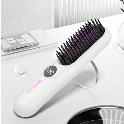 便携式无绳直发梳，便携式负离子拉直刷，长电池热梳直发器，轻巧迷你携带，设置防烫，浓密刷毛，女士热刷直发器，适合浓密卷发的平板熨斗梳