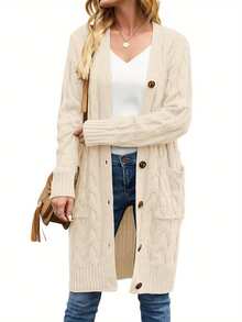 Female Cardigan, Solid Color Long Sleeve Sweater Knitted Coat With Pockets For Spring Fall, S/M/L - Beige - View 2