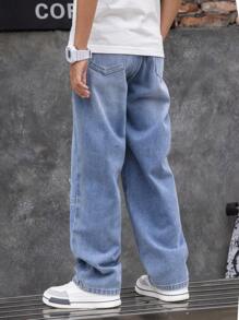 Patchwork-Jeans im Used-Look für Tween Jungens mit geradem Bein, lässige Hose mit entspannter Passform, geeignet für Frühling, Sommer, Herbst, Winter