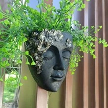 Resin Face Wall Flower Pot, Face Flower Pot Flower Pot Head Wall Hanging Decoration, Face Flower Pot Head Flower Pot With Drainage Hole, Suitable For Living Room, Kitchen Or Office, Garden Balcony, Etc. - 黑色 - 查看 1