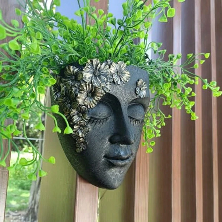 Resin Face Wall Flower Pot, Face Flower Pot Flower Pot Head Wall Hanging Decoration, Face Flower Pot Head Flower Pot With Drainage Hole, Suitable For Living Room, Kitchen Or Office, Garden Balcony, Etc. - 黑色 - 查看 1