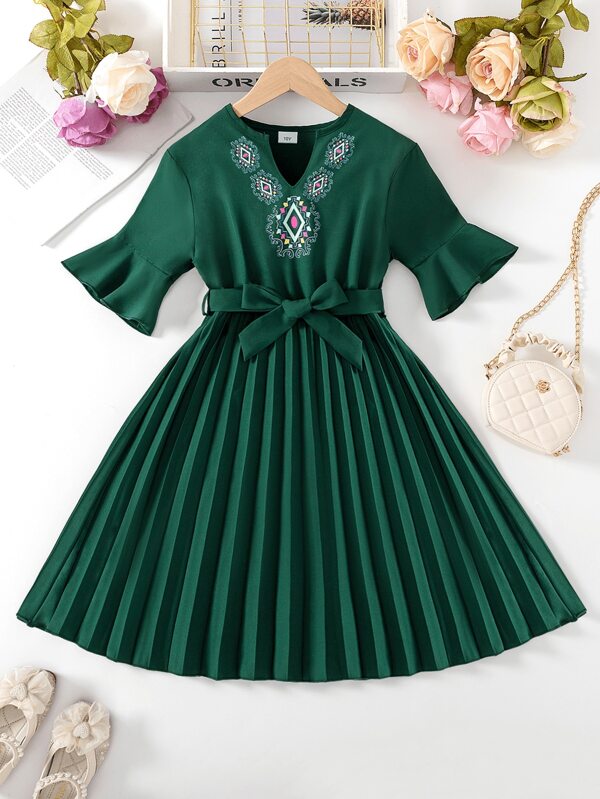 Olivgrünes A-Linien-Kleid mit V-Ausschnitt, Blumen Muster, Rüschenärmeln, taillierter Taille und geraffter Taille für Tween-Mädchen, Frühling & Sommer