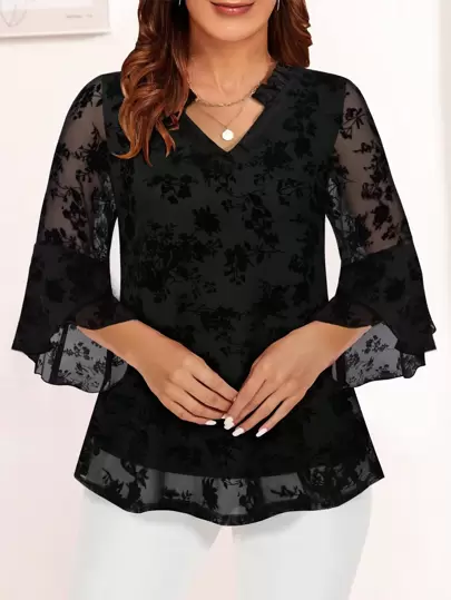 CheersLife Women's Plus Size Fancy Blouses Double Layers Mesh Dressy Tops Long Ruffle Bell Sleeve Shirts Black Vacation Summer