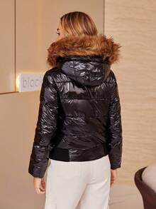 ZIAI Women's Solid Color Long Sleeve Zipper Shiny Fur Hooded Short Down Jacket - Black - View 6