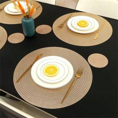 4/8/12/16pcs Gold Wheat Ear PVC Non-Slip Heat-Resistant Table Mats, European Style Dining Table Decor, Heat Insulation Table Cloth, Kitchen Accessories, Suitable For Kitchen, Dining Table, Hotel, Home Decor, Party, Holiday, Christmas, Valentine's Day, Everyday Necessities, Personalized Gifts, Autumn Decor, Back To School Season