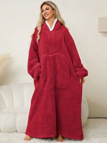 1 pièce Peignoir long à capuche en flanelle avec poche en forme de pomme, vêtement d'intérieur chaud et douillet