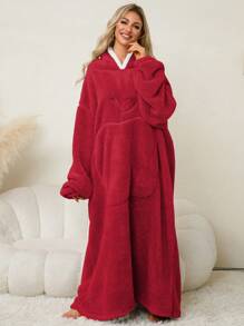 1 pièce Peignoir long à capuche en flanelle avec poche en forme de pomme, vêtement d'intérieur chaud et douillet