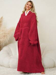 1 pièce Peignoir long à capuche en flanelle avec poche en forme de pomme, vêtement d'intérieur chaud et douillet