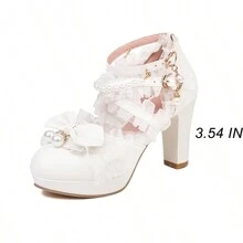 Kawii Shoes Bow Pearl Heels Lolita Platform Heels For Women Lace Cute Mary Janes Pumps - 白色 - 查看 5