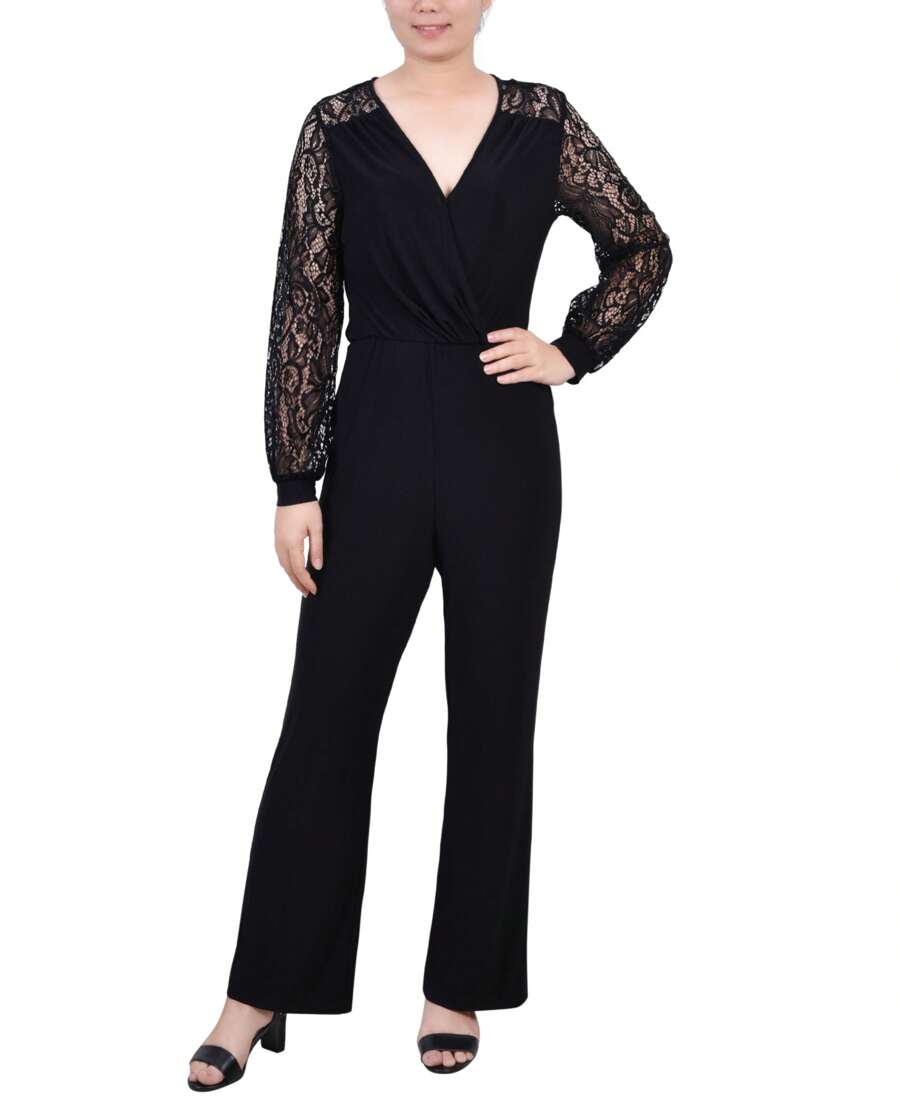 Petite Jumpsuit With Lace Sleeve - Black - View 1